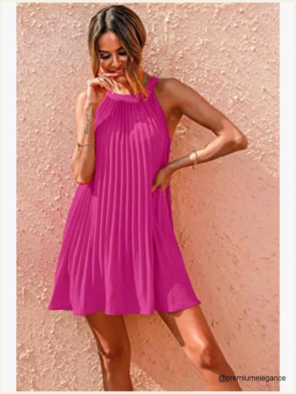 Halter Neck Mini Dress Flowy Pleated Sundress Casual Beach Wedding Guest - Picture 2 of 7